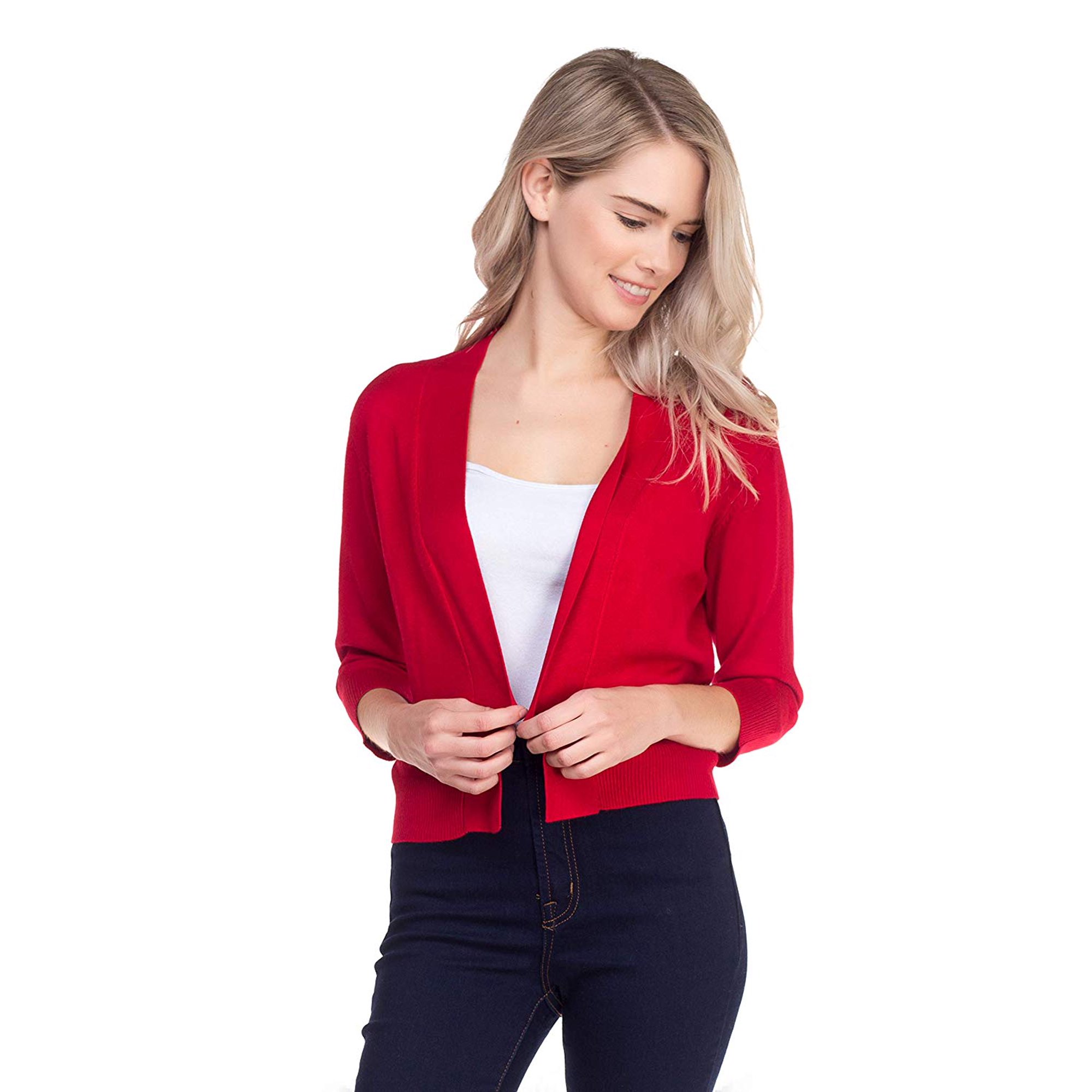 Women 3/4 Sleeve Solid Open Bolero Cropped Cardigan Shrug - Red  -  Walmart.com