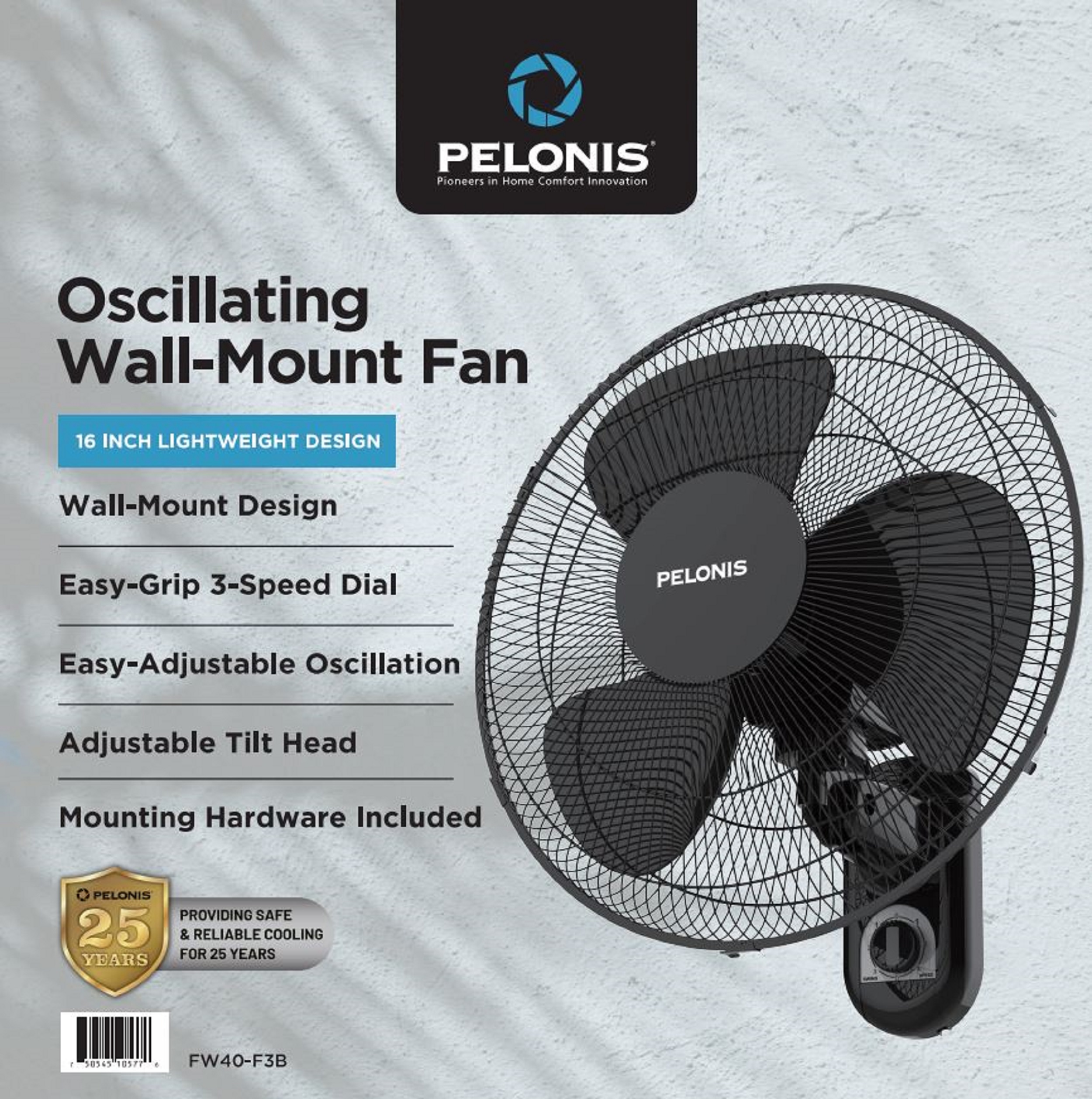 Pelonis 16" 3-Speed Oscillating Wall Mount Fan, FW40-F3B, New, Black - image 3 of 7