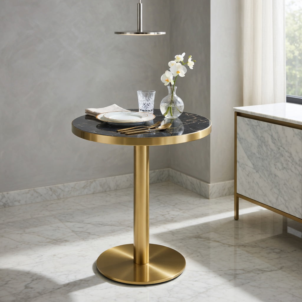 Hommoo Modern Round Bistro Table 23.6", Faux Marble Top with Stainless Steel Edge Banding & Heavy-Duty Metal Pedestal Base, High-Gloss UV-Coated Accent Table, Black & Gold