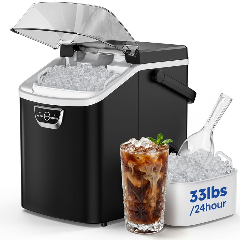SIMZLIFE Countertop Nugget Ice Maker 33Lbs/24H, 5-Min Ice Cycle, Self-Cleaning, Portable Ice Machine with Basket & Scoop, Black