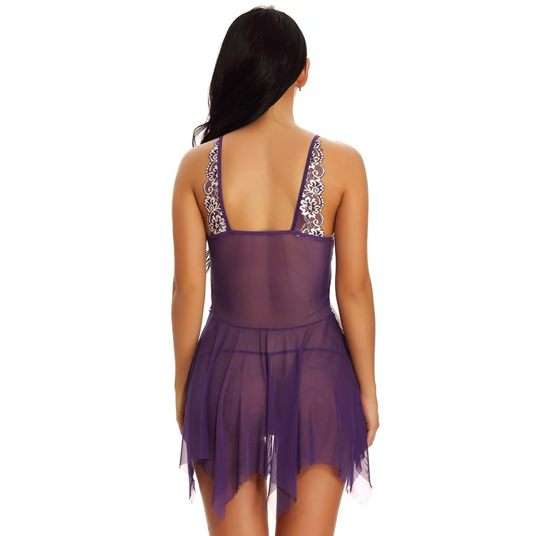 Zuwimk Womens Lingerie ,Plus Size Lingerie For Women Mesh Maxi Nightdress  Strappy Exotic Sleepwear Side Slits Purple,M 