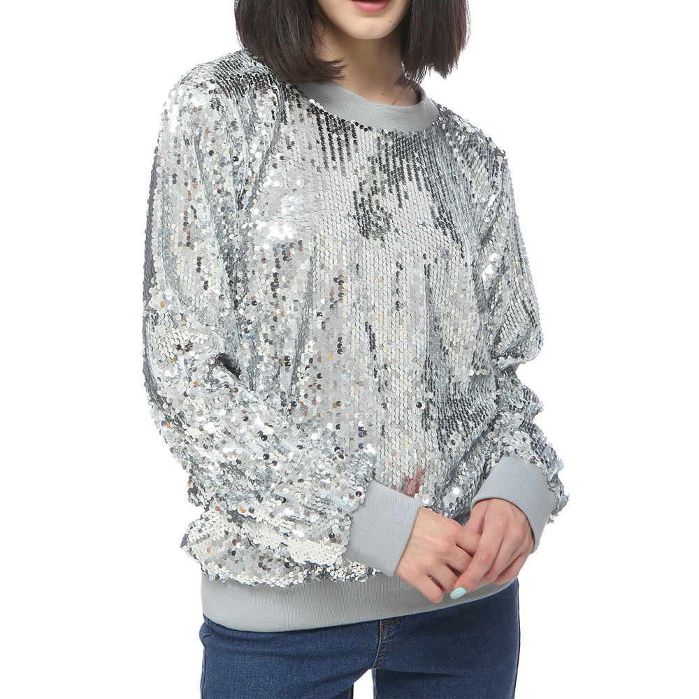 Feinuhan - Women's Long Sleeve Sequin Party Blouse Pullover Top, Silver ...
