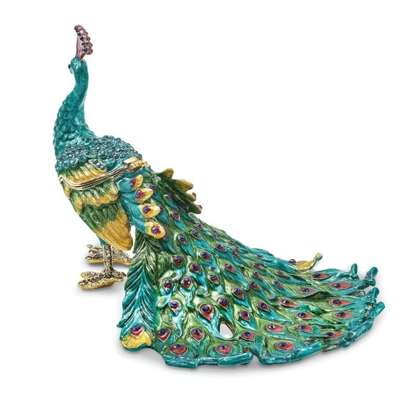 Luxury Giftware by Jere Pewter Bejeweled Crystals Gold-tone Enameled TAYLOR Blue Peacock Trinket Box with Matching 18 Inch Necklace QBJ4076
