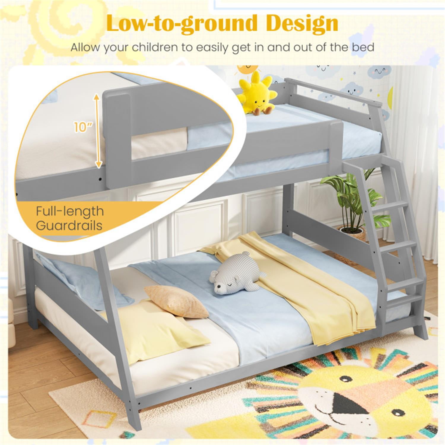 Demi Bonn Twin Over Full Low Bunk Bed with Reversible Ladder, Solid Wood Floor Bunkbeds Frame for Bedroom, No Box Spring Needed, Gray