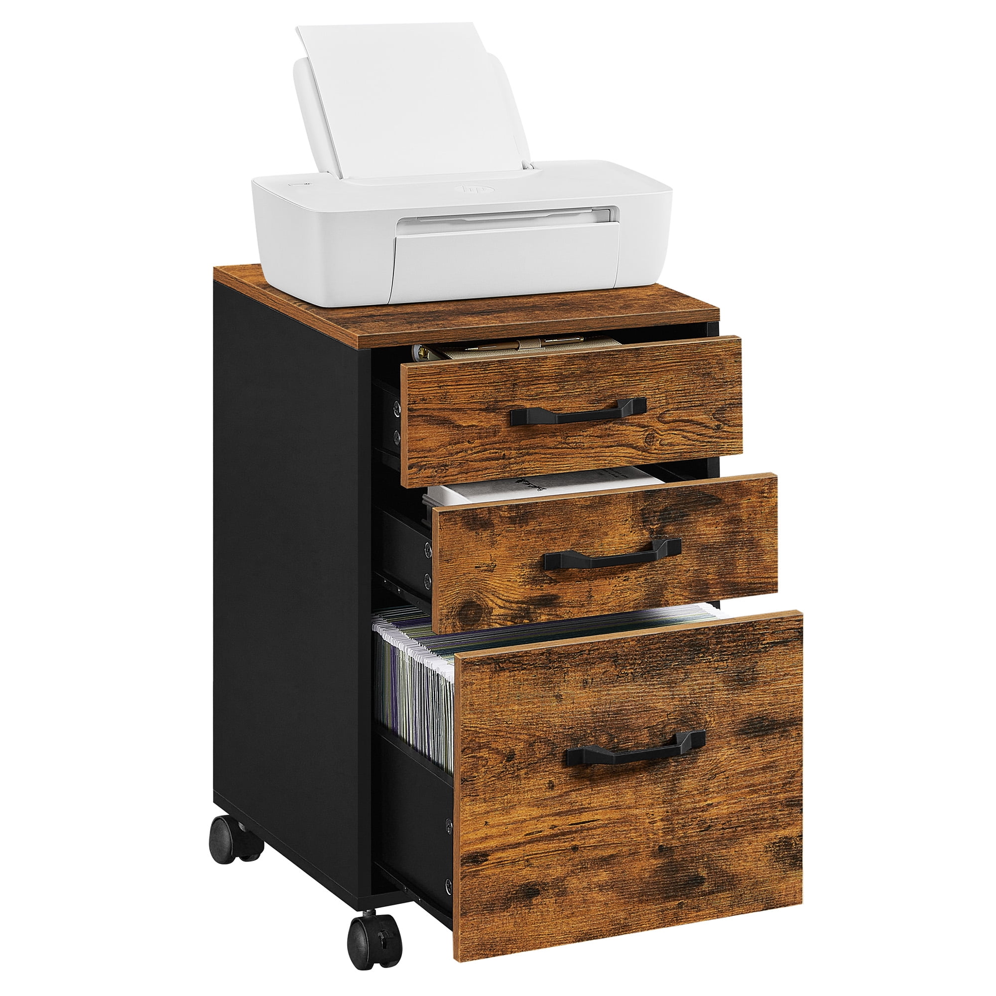 3 - Drawer File Cabinet for Home Office, Equipped with wheels,Suitable for A4 documents and hanging file folders,Rustic Brown and Ink Black