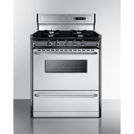 30  wide gas range in stainless steel  open burners and clock/timer on high backguard