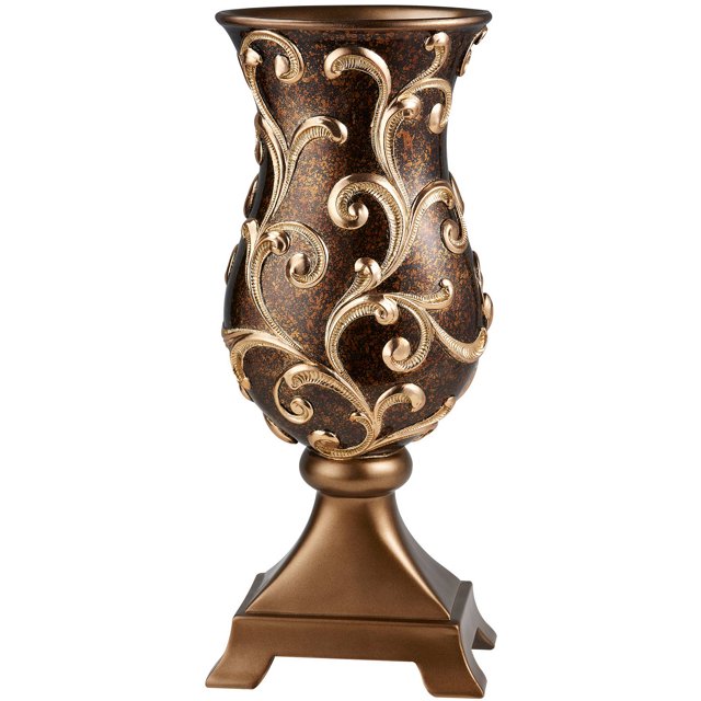 Vase Décoratif en Poly-Résine de 19,75 Pouces "Odysseus" Style Baroque avec Filigrane Floral Doré