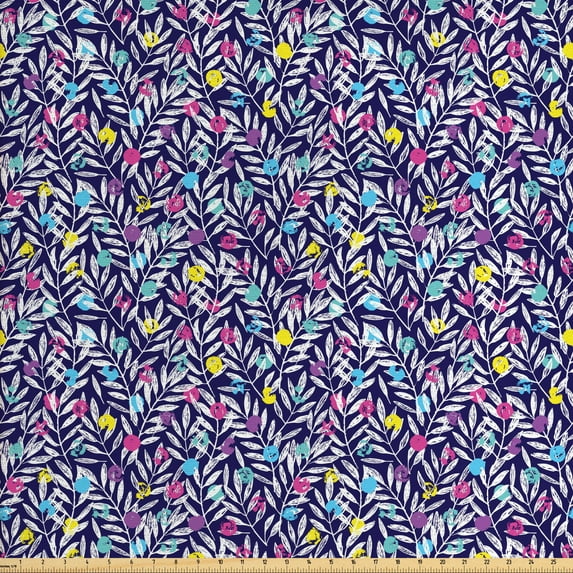 Floral Sofa Upholstery Fabric by the Yard, Abstract Repetitive Stroke Like Flowers on White Leafy Branches, Decorative Fabric for DIY and Home Accents, Indigo and Multicolor by Ambesonne