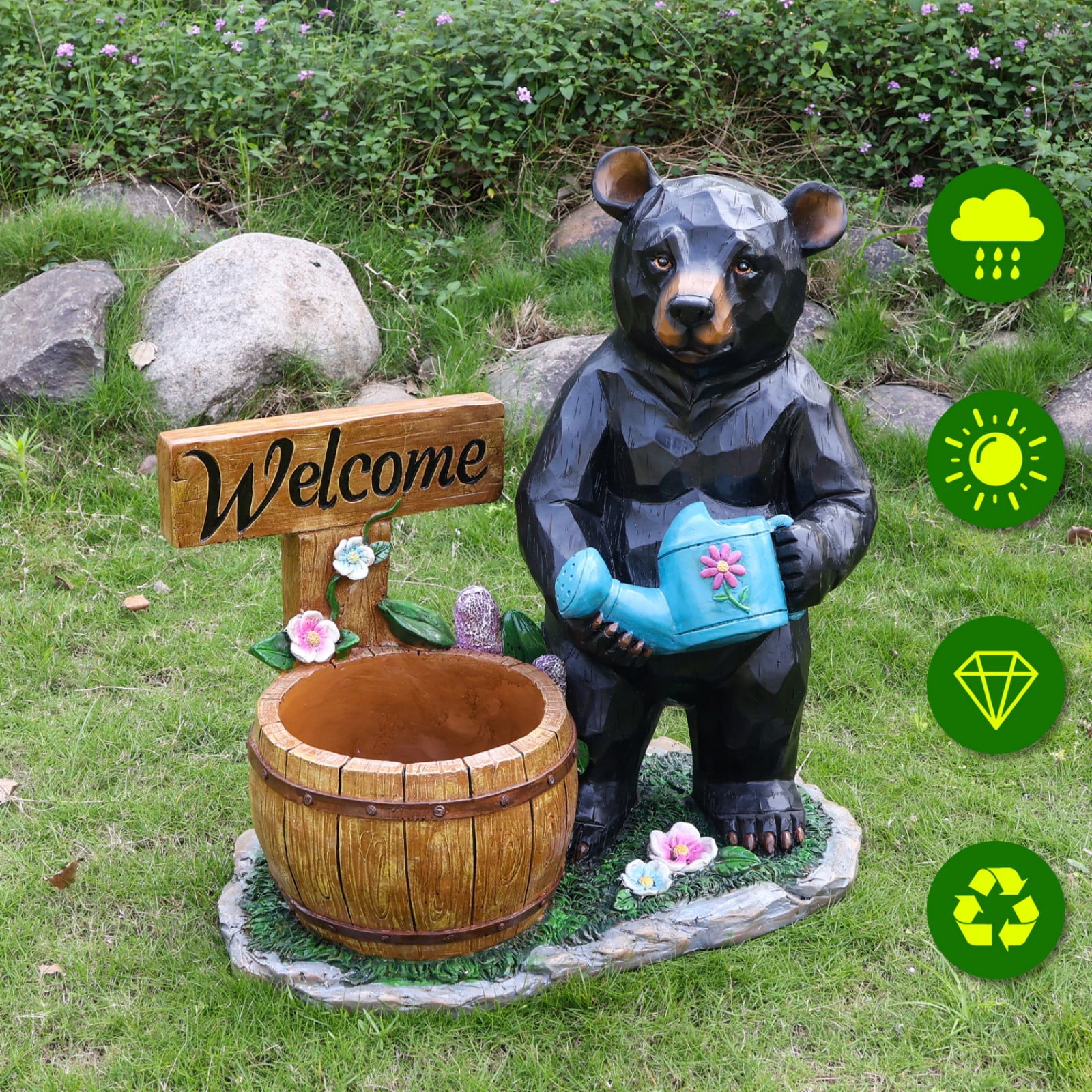 Aukfa Outdoor Bear Garden Statue with Planter Pot, Resin Animal Planter Sculpture for Yard, Lawn, Patio, Porch Decor, Weather-Resistant Garden Ornament, Unique Gift
