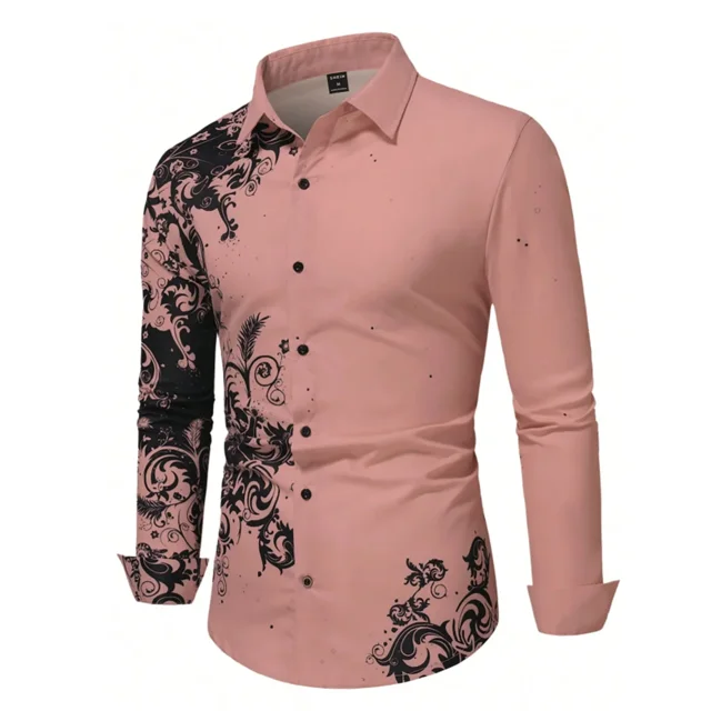 Camisa de hombre Primavera/Verano Estampado abstracto 3D Camisa de manga larga con solapa y botones Camisa informal de negocios serie Tiki