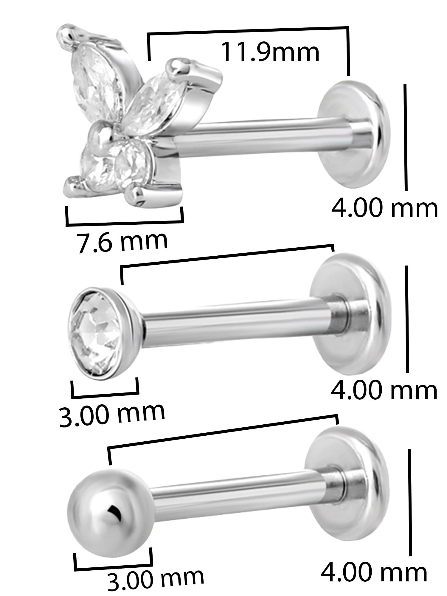 No Boundaries Women's 18G Stainless Steel Cartilage Piercing Set, 3-Piece Assorted Jewelry