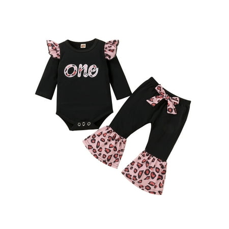 

Yinyinxull Newborn Infant Baby Girl Birthday Clothes One Letter Leopard Print Romper+Ruffle Flared Pants Outfits Black 0-6 Months