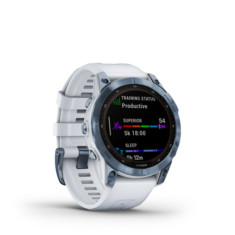 Garmin Fenix 7X Sapphire Solar Multisport GPS Touchscreen Smartwatch,  Mineral Blue DLC Titanium with Whitestone Band with Wearable4U White  EarBuds Bundle 
