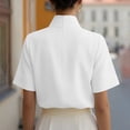 thumbnail image 5 of Women's Solid V-Neck Work Blouse Short Sleeve Stand Collar Business Casual Office Shirt, 5 of 7