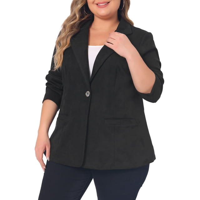 Chaqueta de mujer de talla grande de gamuza sintética GRACE & GRANDEUR, con mangas largas, solapa de muesca y botones, abrigo 2X negro