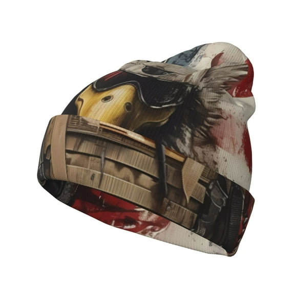 Lsque Bald Eagle Soldier Pattern Knitted Beanie, Unisex Winter Hat, Knit Hat Winter Beanies Thick Fisherman Beanies Cuffed Plain Skull Caps