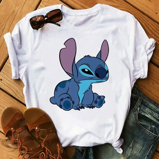 Camiseta holgada con cuello redondo y estampado de puntadas para parejas, camiseta blanca de manga corta de Disney, novedad de verano 2022
