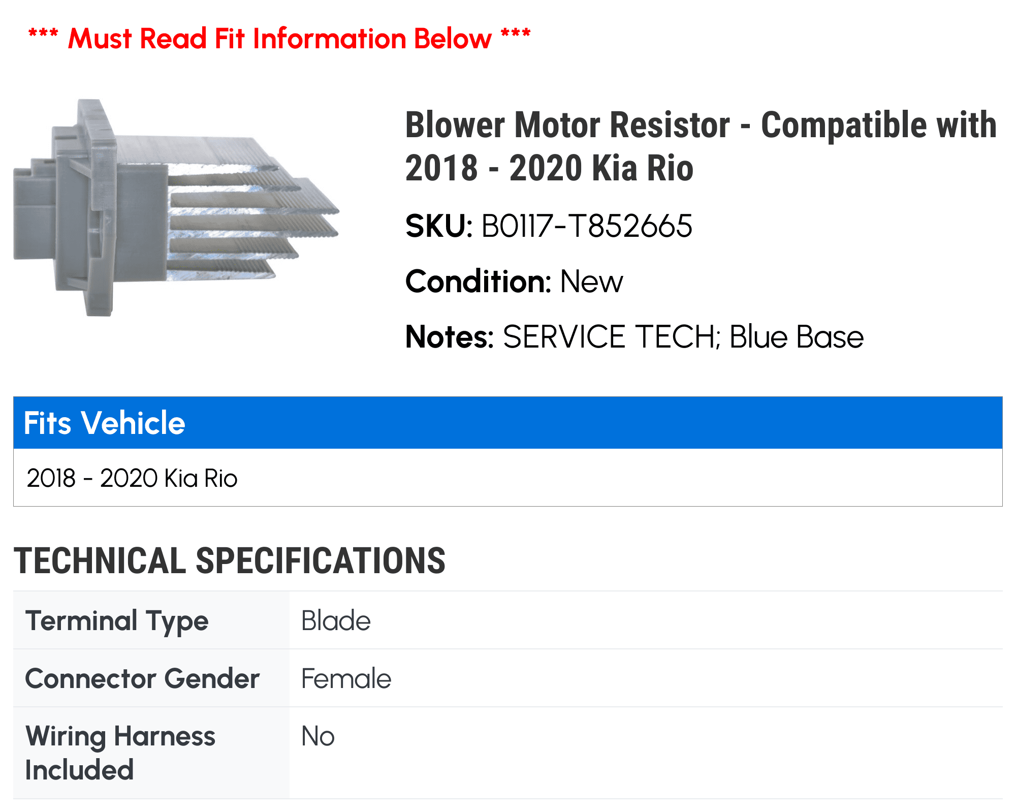 Blower Motor Resistor - Compatible with 2018 - 2020 Kia Rio 2019