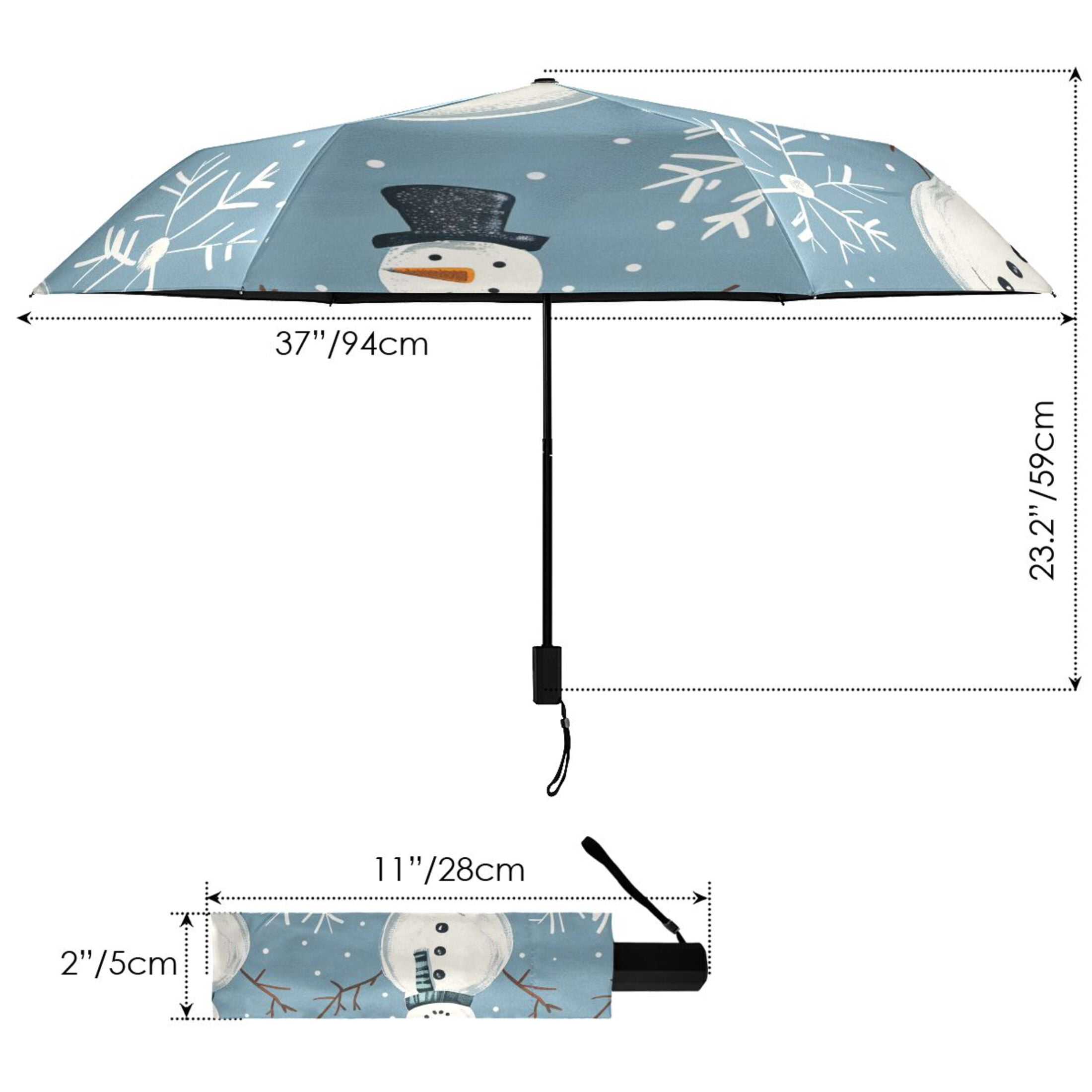 Snow Snowman Cartoon All Weather Umbrella Triple Folding Parasol 6 Ribs UV Protection Portable