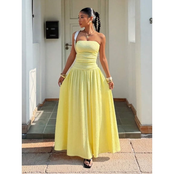 Women's Cream Yellow Textured Knit Strapless Maxi Dress Summer Casual Dress