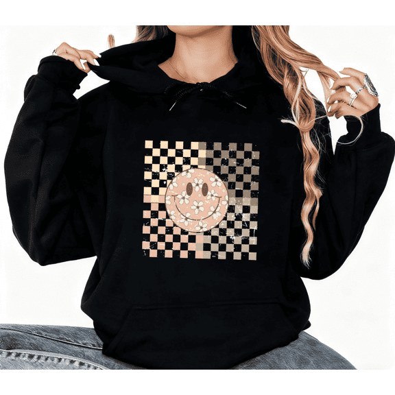 Women's Retro Checkerboard Smiley Hoodie Casual Top Vintage Graphic Breathable Hooded long-sleeved Black S-2XL