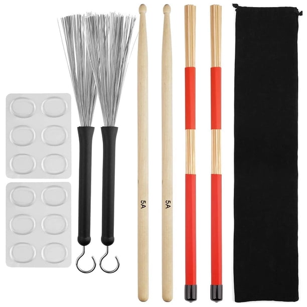 Juego de Baquetas de Tambor, Baquetas de Madera de Arce 5A, Cepillos de Varillas de Tambor, Cepillos de Alambre de Tambor RetráCtiles, Amortiguadores de Tambor con Bolsa