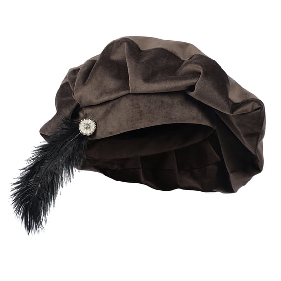 Mens Renaissance Beret Hat Medieval Costume with Feather Cap Vintage Slouchy Cosplay Party Festival Headwear Brown Free Size