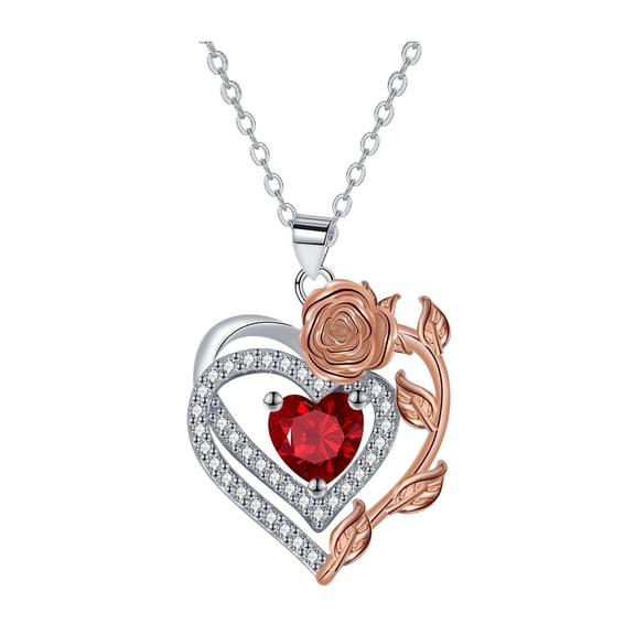 SmartBy Heart And Rose Necklace Women Faux Gem Red Heart Pendant Necklace Jewelry Gift for Wife Girlfriend Birthday Anniversary Valentine's Day