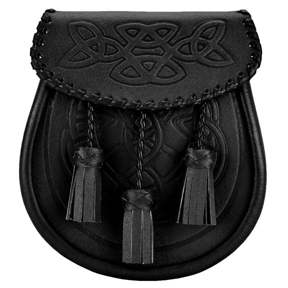 Gentry Choice® Highland Celtic Embossed Sporran Black Genuine Cowhide Leather Kilt Sporran Traditional Scottish Kilt Pouch Bag Irish Heritage Accessory