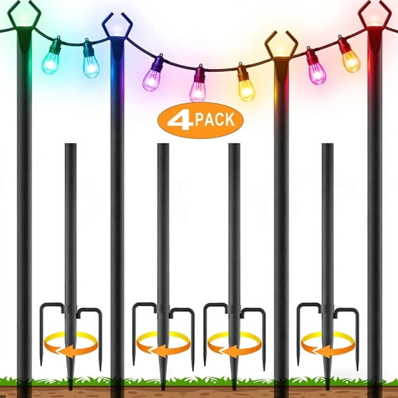 4 Packs String Light Poles ,10Ft Light Poles for Outside Lights,Outdoor with Fence Brackets Hanging Lights,Metal Stand Deck Patio Backyard(10FT 2Pack Black)