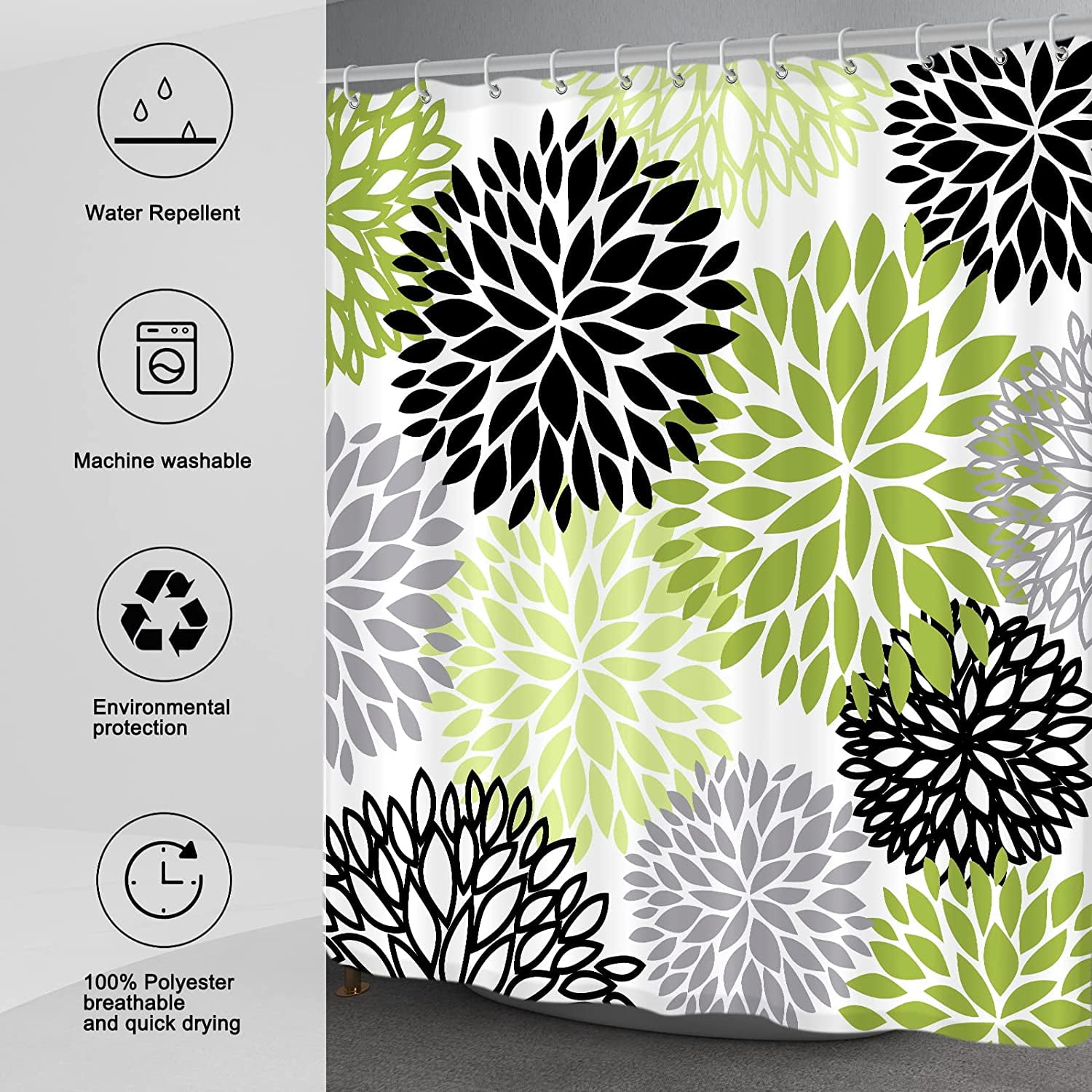 Dahlia Flower Shower Curtain, Floral Bathroom Decor, Waterproof Polyester Fabric Sage Green Black Grey Set, with 12 Hooks 72 x 72 Inches