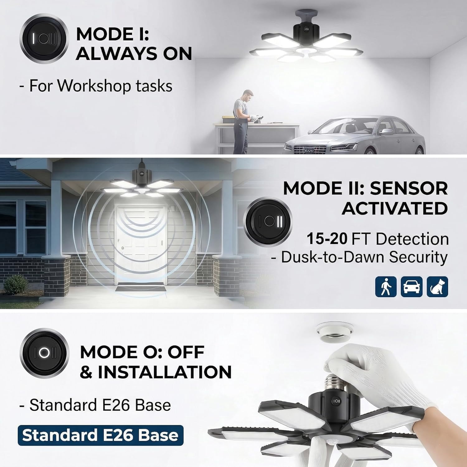 100W LED Garage Lights, 10000LM Ultra Bright Shop Light with 6+1 Adjustable Panels, 6500K Daylight E26/E27 Screw-in Deformable Ceiling Light Bulb for Workshop, Barn, Basement, Warehouse