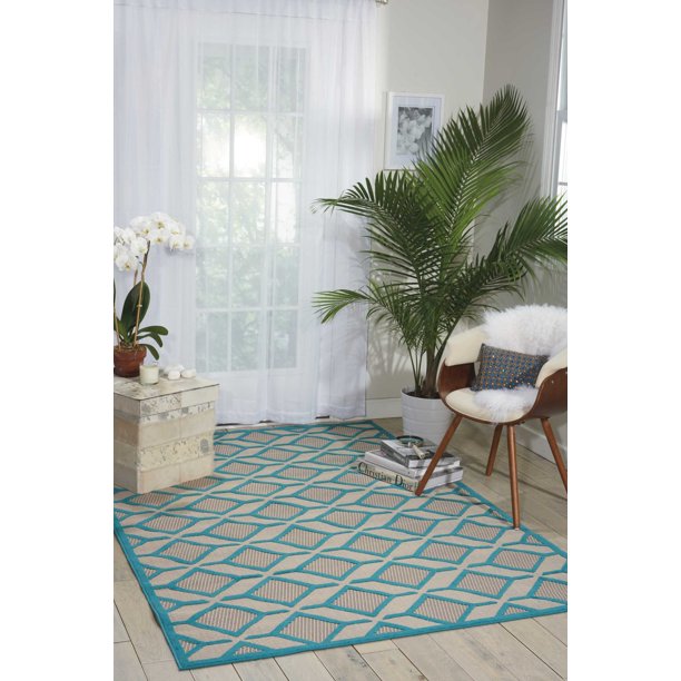 Nourison Aloha Indooroutdoor Geometric Teal Blue Area Rug