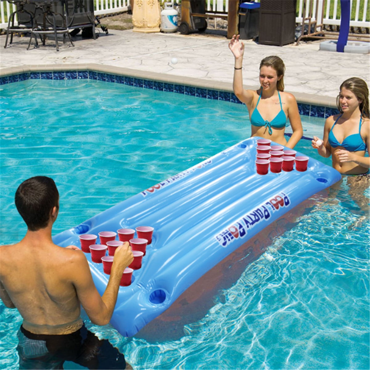 Gonflable Pool Party Barge Floating Beer Pong Float Cooler Blue 5 Feet Floating Pool Party Game Raft Lounge , Jeu gonflable flottant Beer Pong
