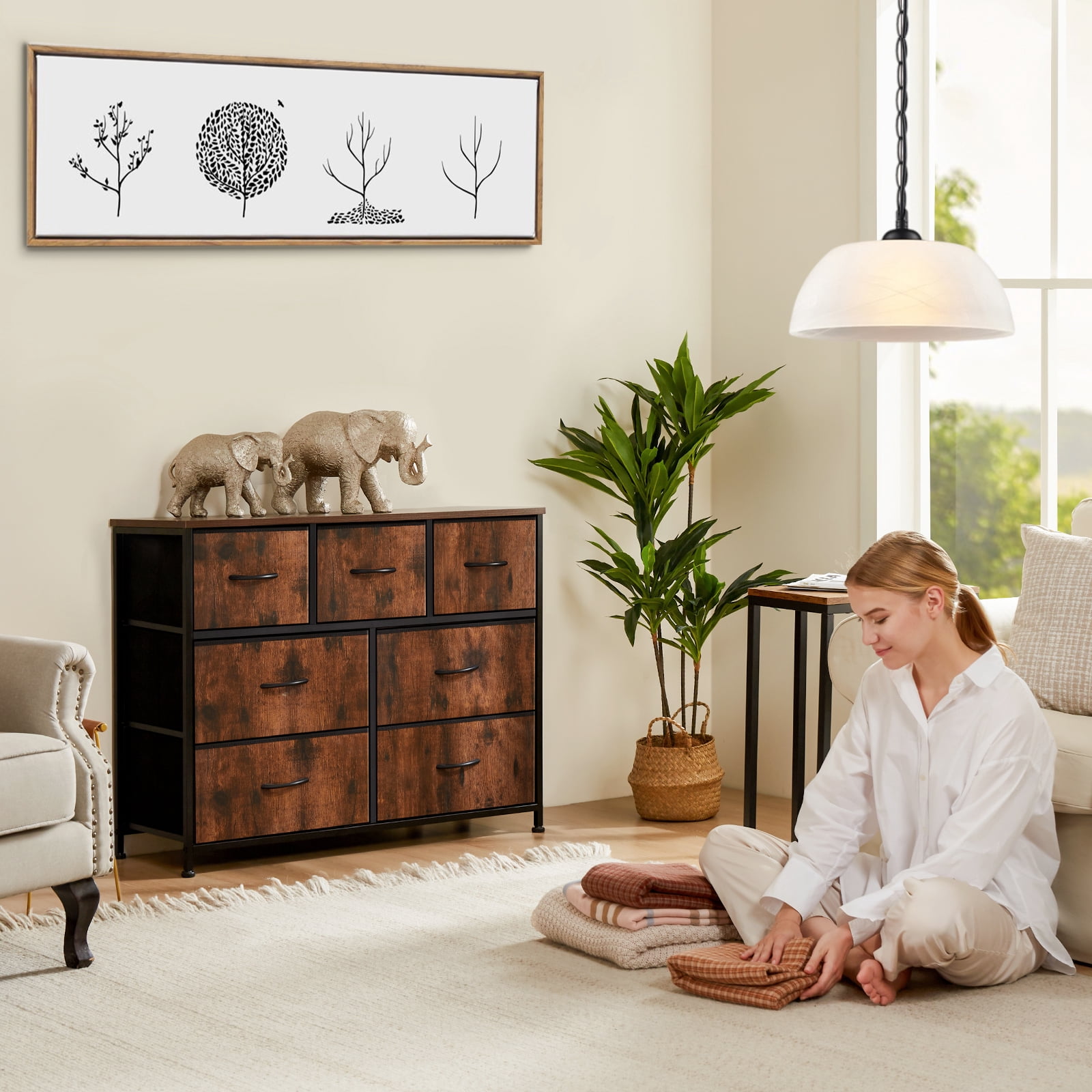 MCQ 7-Drawer Fabric Dresser with Metal Frame & Wood Top – Storage Organizer for Bedroom, Closet, Entryway, Rustic Brown