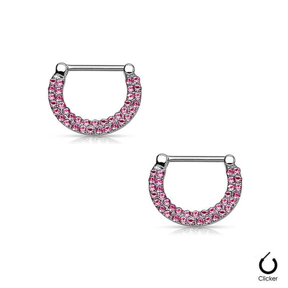 Nipple Rings Clickers Ion Plated 16ga or 14ga with Double Paved Crystals 1 Pair