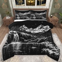 Homewish Natural Scenery Full Size Comforter Sets,Mountain Watercolor Pattern Bedding Comforter Set,Black White Bedding Sets For Adults,Breathable Home Decor Reversible,3pcs