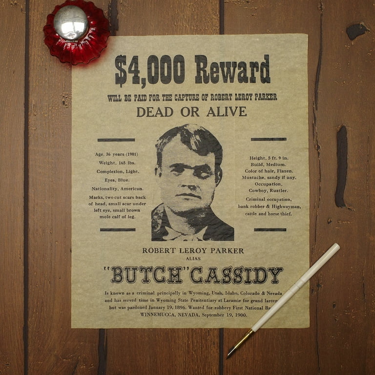 Butch Cassidy Outlaw Reward Poster Western Bar Decor Parchment Paper Wall Art Ad Butch Cassidy Outlaw Reward Poster Western Bar Decor Parchment Paper Wall Art Ad