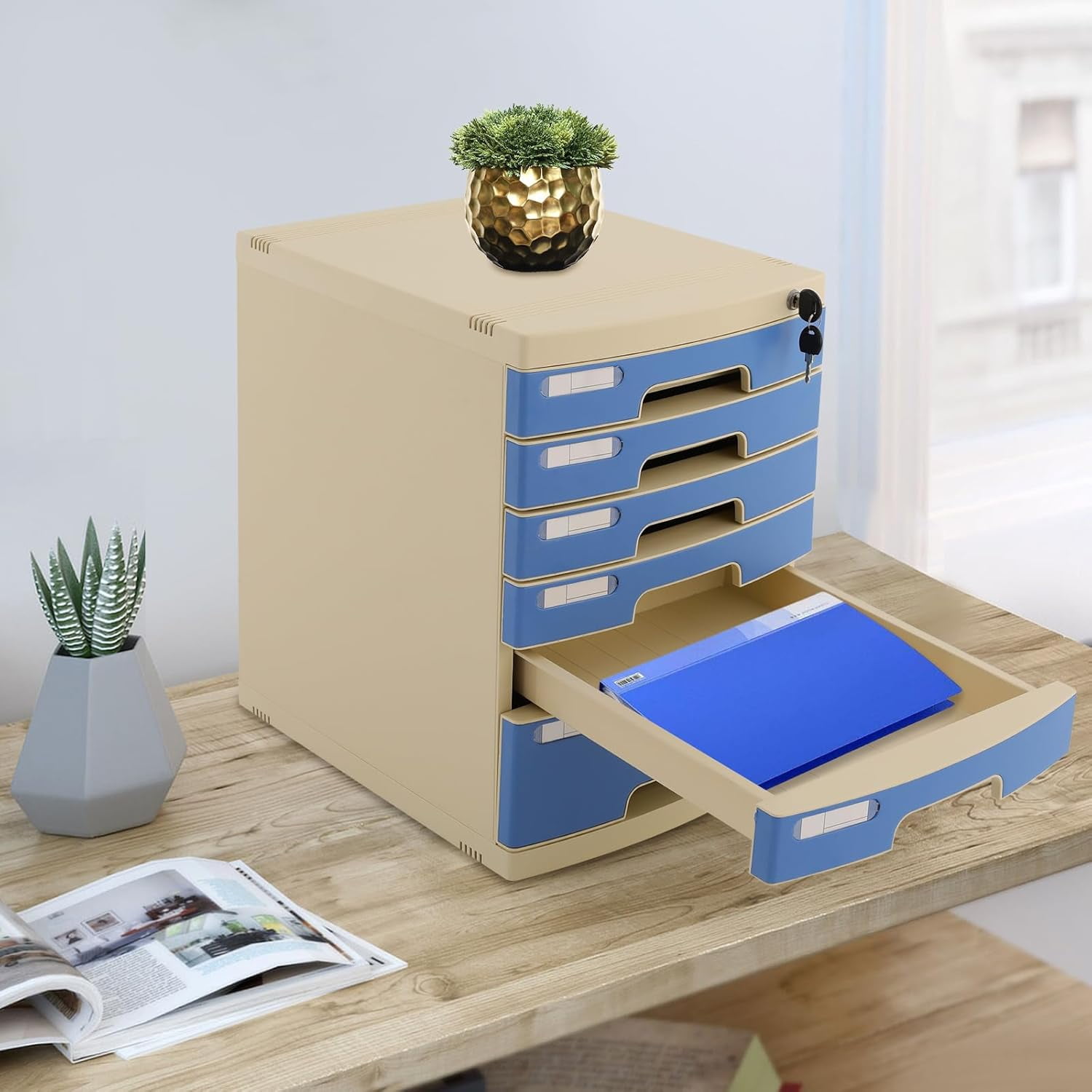 6 Compartments Home Desktop Drawer Organizer Literature Organizer with Key Office Drawer File Organizer Storage Bin Container for Desk Accessory Stationery