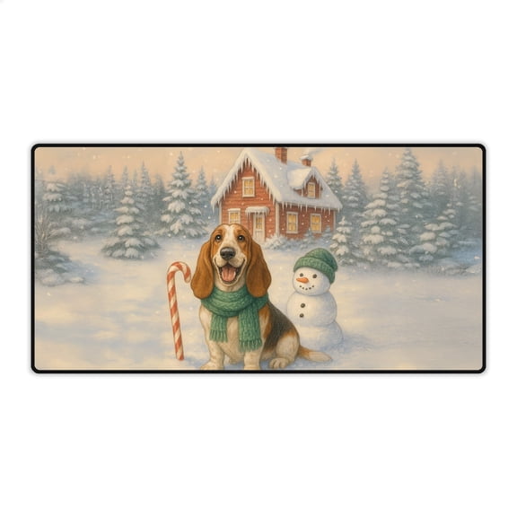 Hello Winter Vintage Basset Hound Enjoys Snowy Day with Snowman Desk Mat Full Keyboard Mouse Pad Bassets Dog Breed Lovers Gifts Idea Large Mousepad - 12019