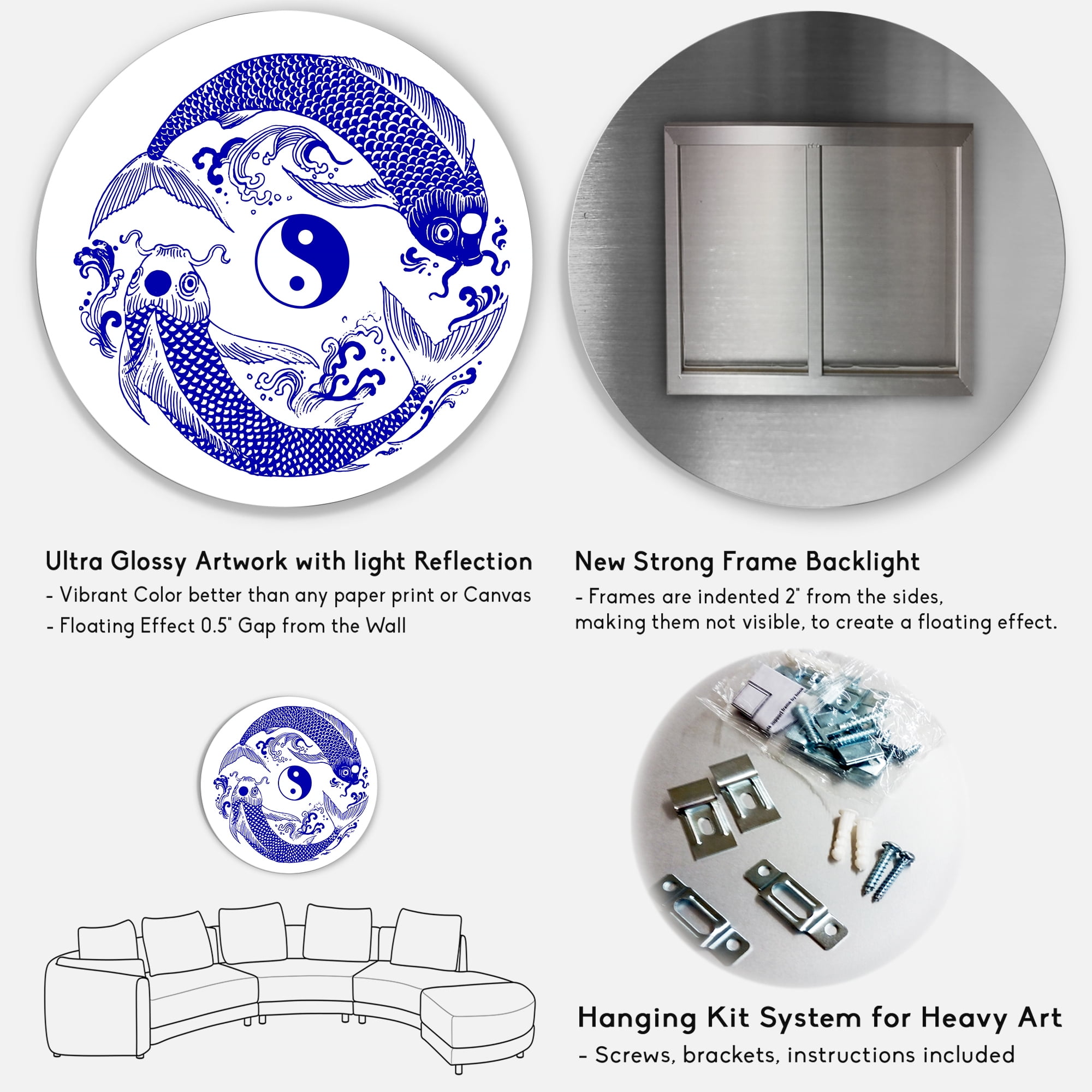 Designart 'Blue Chinoiserie Koi Fish II' Traditional Circle Metal Wall Art 29x29 - Disc of 29