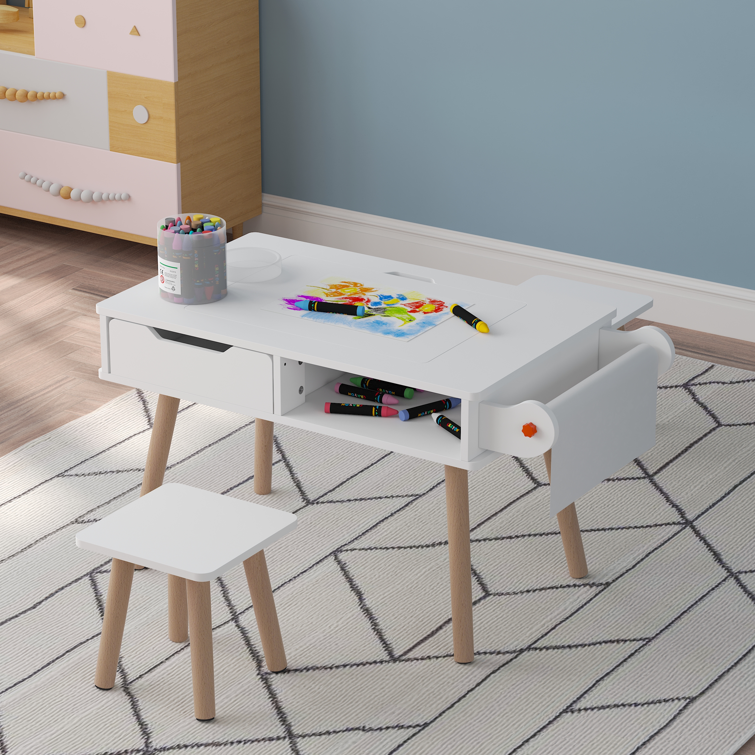 Kids Art Table and Chair Set, Activity Table Set with Drawer and