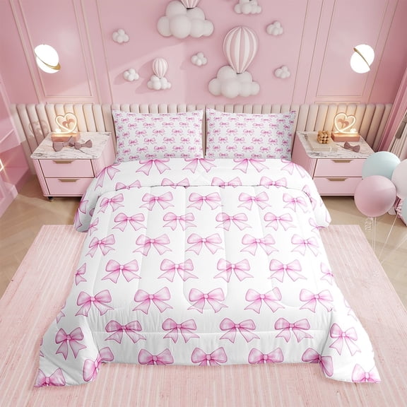 Kawaii Bow Knot Bedding Set,Simple Bows Breathable Bed Set,Cute Cartoon Ribbon Printed Microfiber Down Comforter For Sofa Bedroom,Pink White Dreamy Duvet Insert