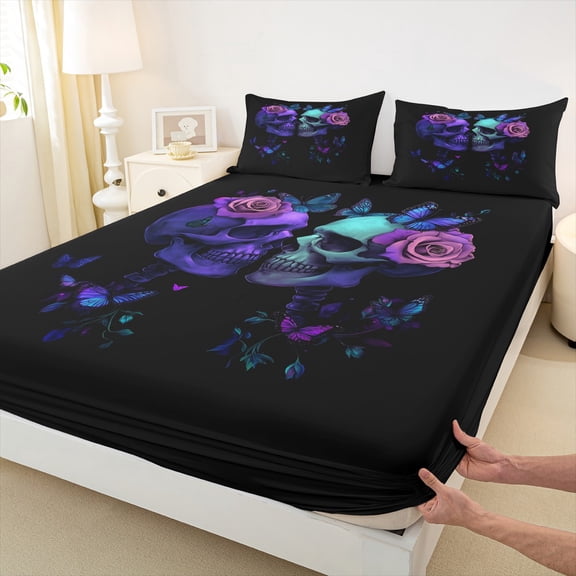 Castle Fairy Floral Skull 3pcs Twin Sheet Sets,Gothic Style Twin Fitted Sheet,Flower Butterfly Breathable Flat Sheet,Ultra Soft Gradient Home Decor