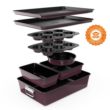 NutriChef 8-Piece Nonstick Stackable Bakeware Set W/ Non-Stick Coating, 450°F Oven Safe, (Plum)