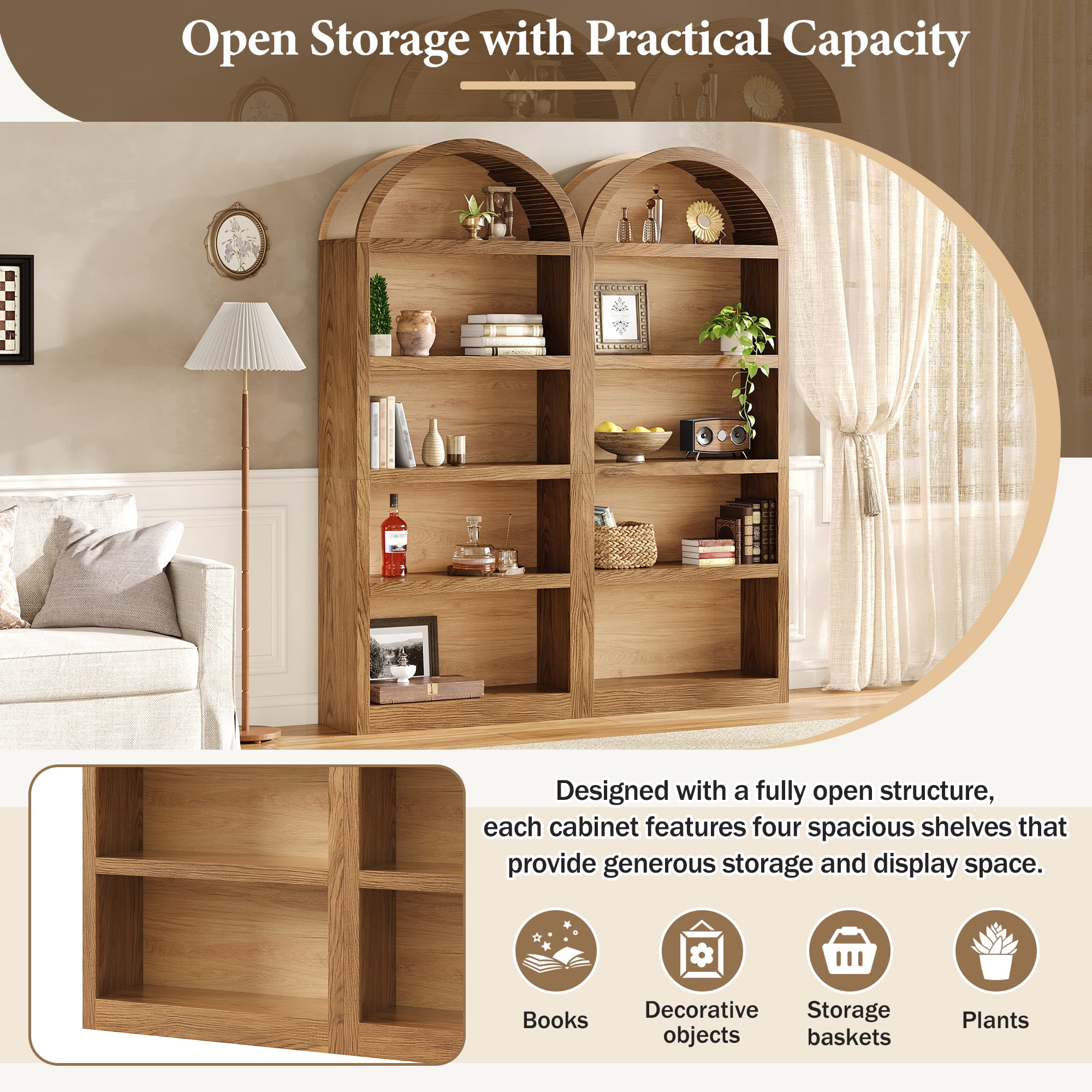 Homy Casa 69" Tall Arched Bookcase Set of 2, Wood Grain 4-Shelf Display Bookshelves, Natural