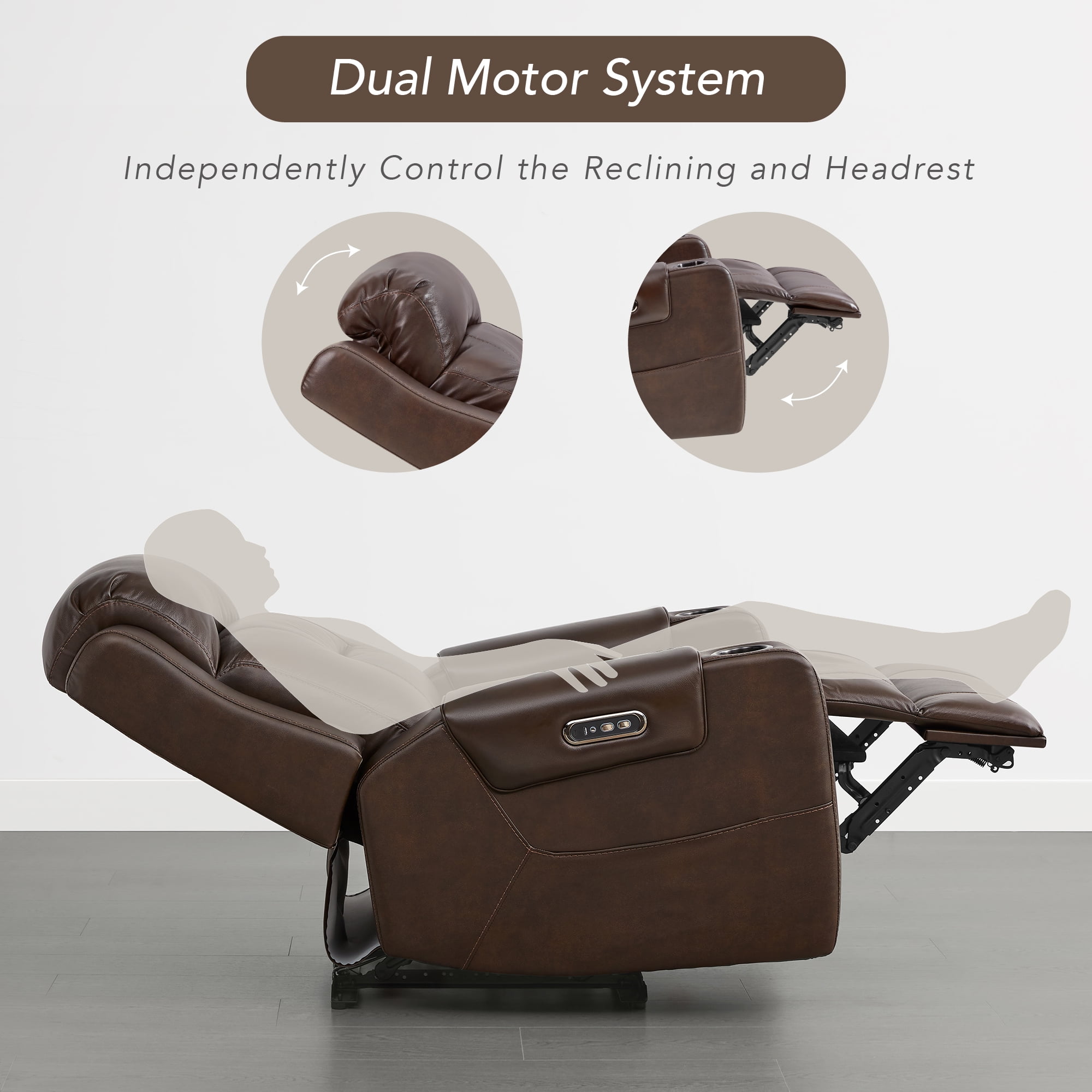 Spruce & Spring Lay-Flat Genuine Leather Power Recliner Chair with Headrest, Brown