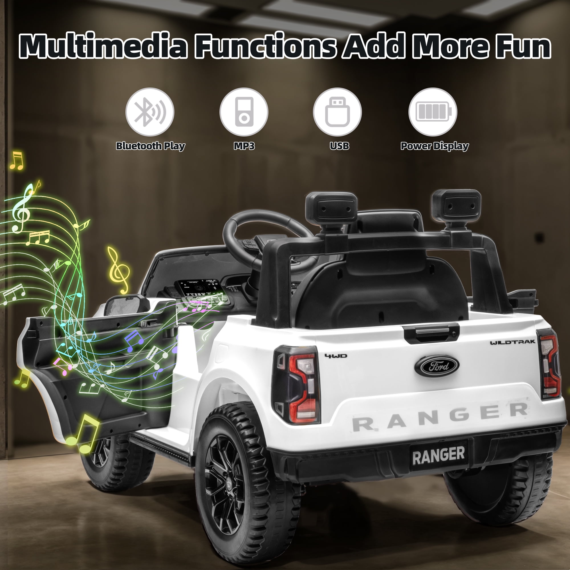 12V Powered Ride on Truck, Ford Ranger Ride on Toy Cars with Remote Control, Rear Wheels Suspension, Safety Belt, MP3 Player, Electric Ride on Cars for Kids Boys Girls 3-6 Ages, Black