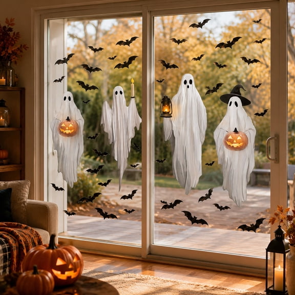 4 Sheets Large Halloween Ghost Static Window Clings, No Residue Ghost Pumpkin Bat Window Decals, Spooky Halloween Decorations for Glass Windows, Apartment, Halloween Party Decor