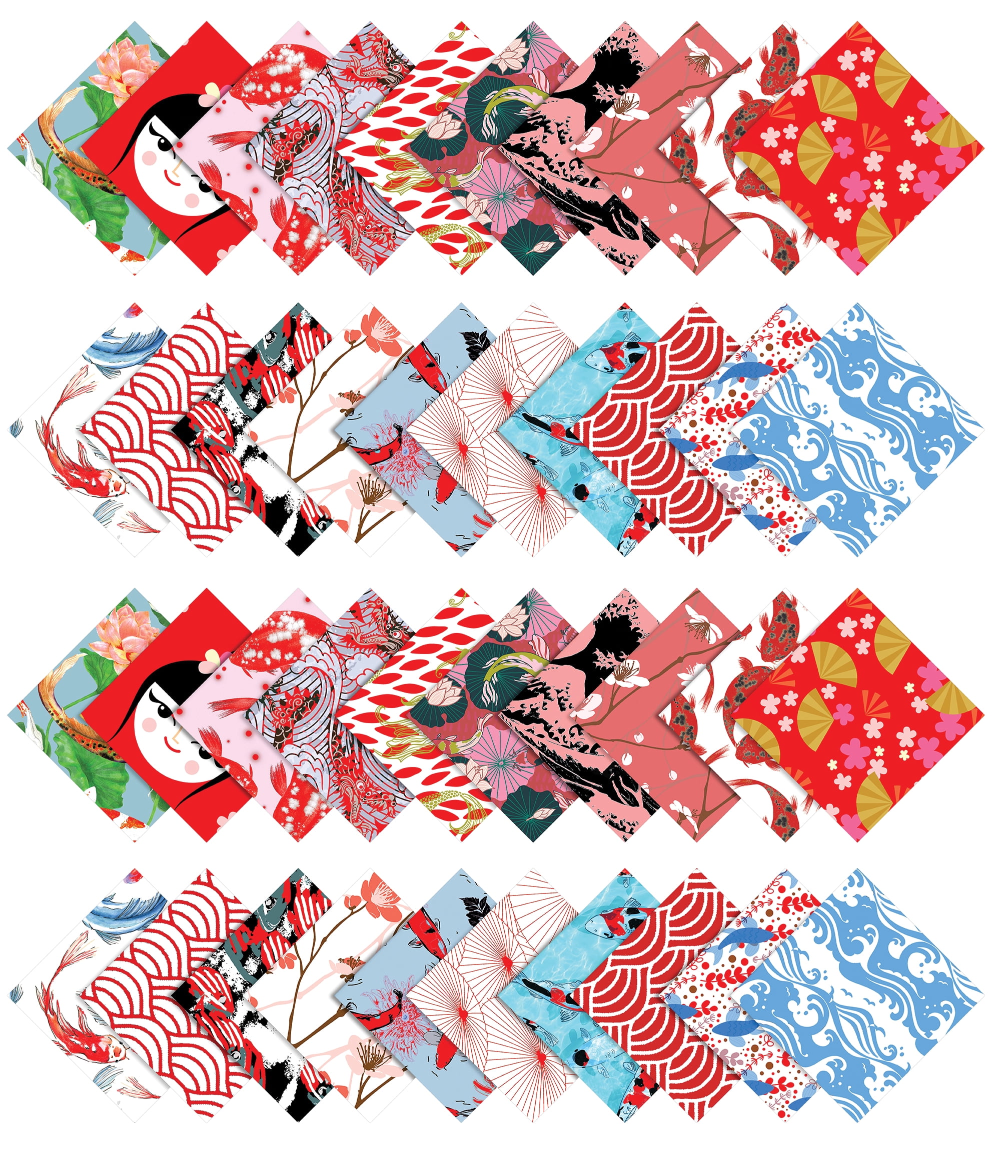 Soimoi 40Pcs Japanese Print Precut Fabrics Strips Roll Up 1.5 inches Cotton Jelly Rolls For Quilting - Red & Blue